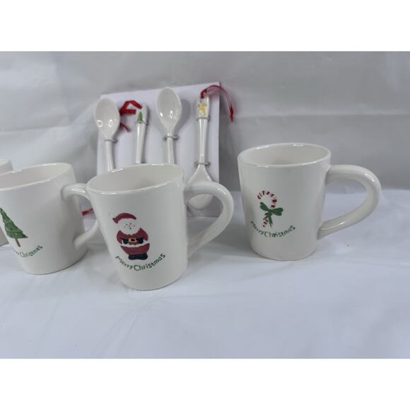 BIA Happy Holidays Set of 4 Christmas Mugs & Matching Ceramic Spoons Cordon Bleu - Picture 5 of 8